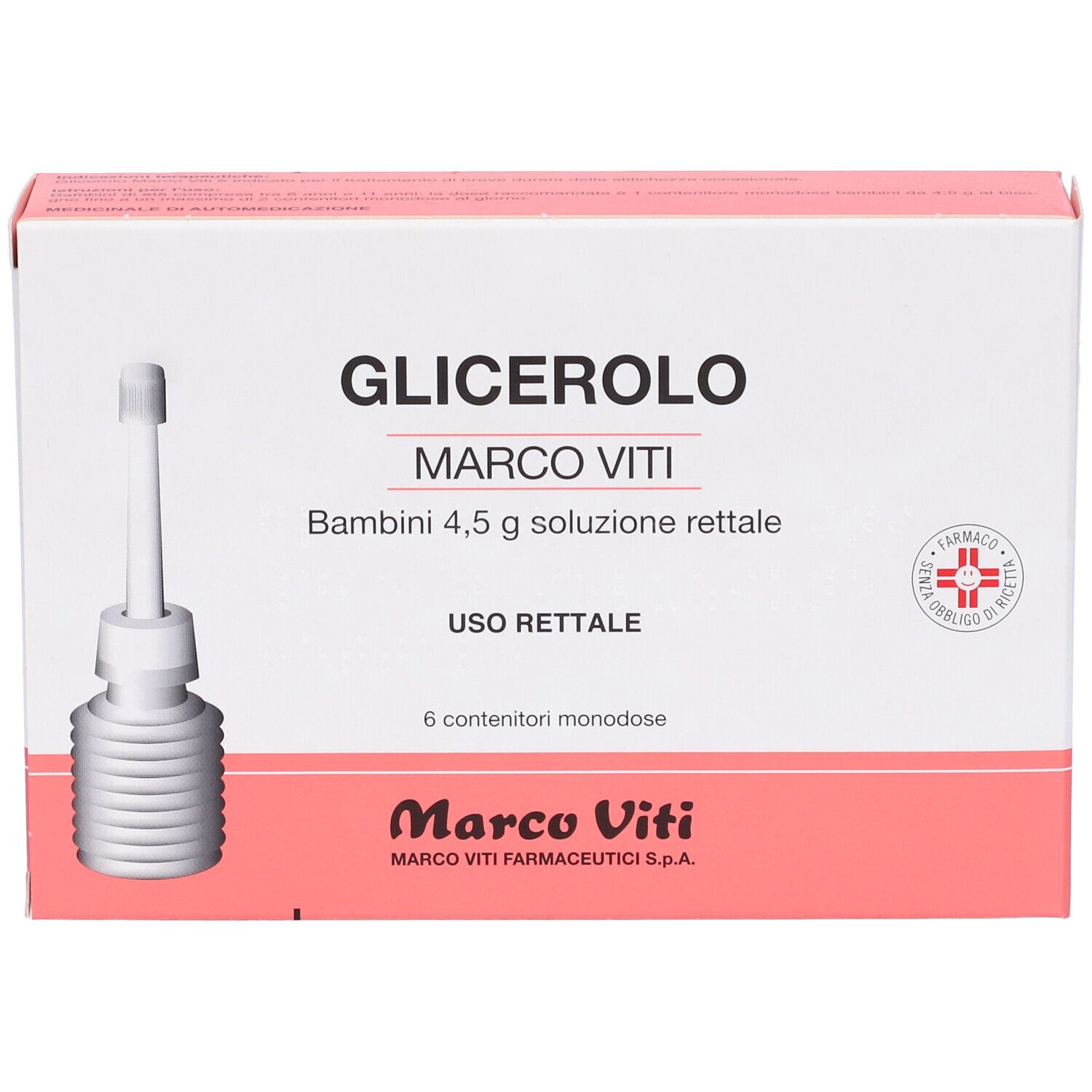 Confezione Glicerolo Marco Viti Bambini. 6 monodose. Scritto: Uso rettale. Confezione del prodotto.