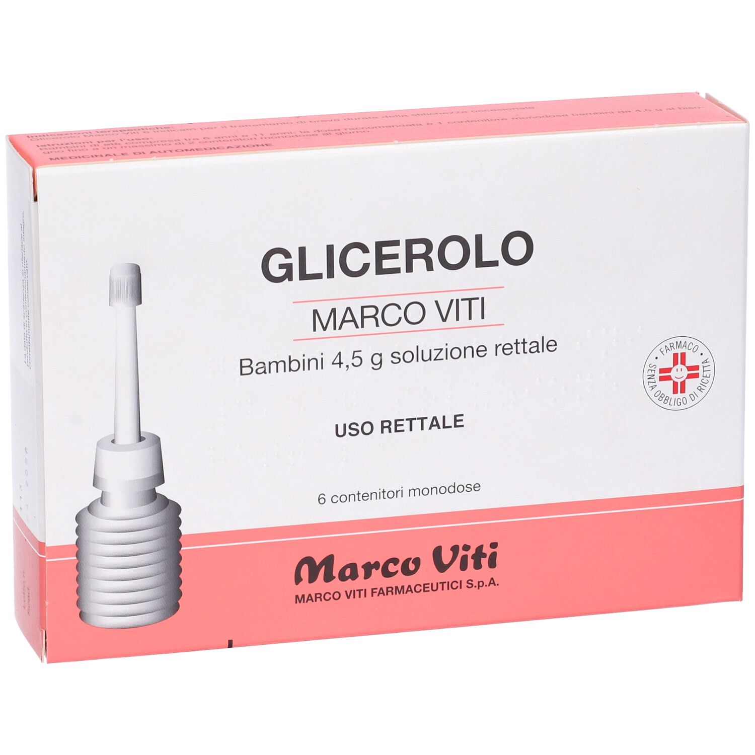 Confezione Glicerolo Marco Viti Bambini. 6 monodose. Scritto: Uso rettale. Confezione del prodotto.