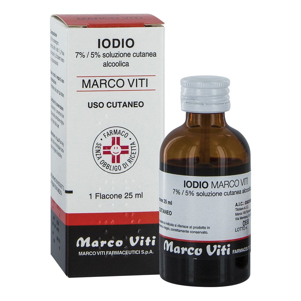 Flacone di vetro marrone con tappo bianco e scatola. Scritta: Iodio Marco Viti, 7%/5% soluzione cutanea alcolica.