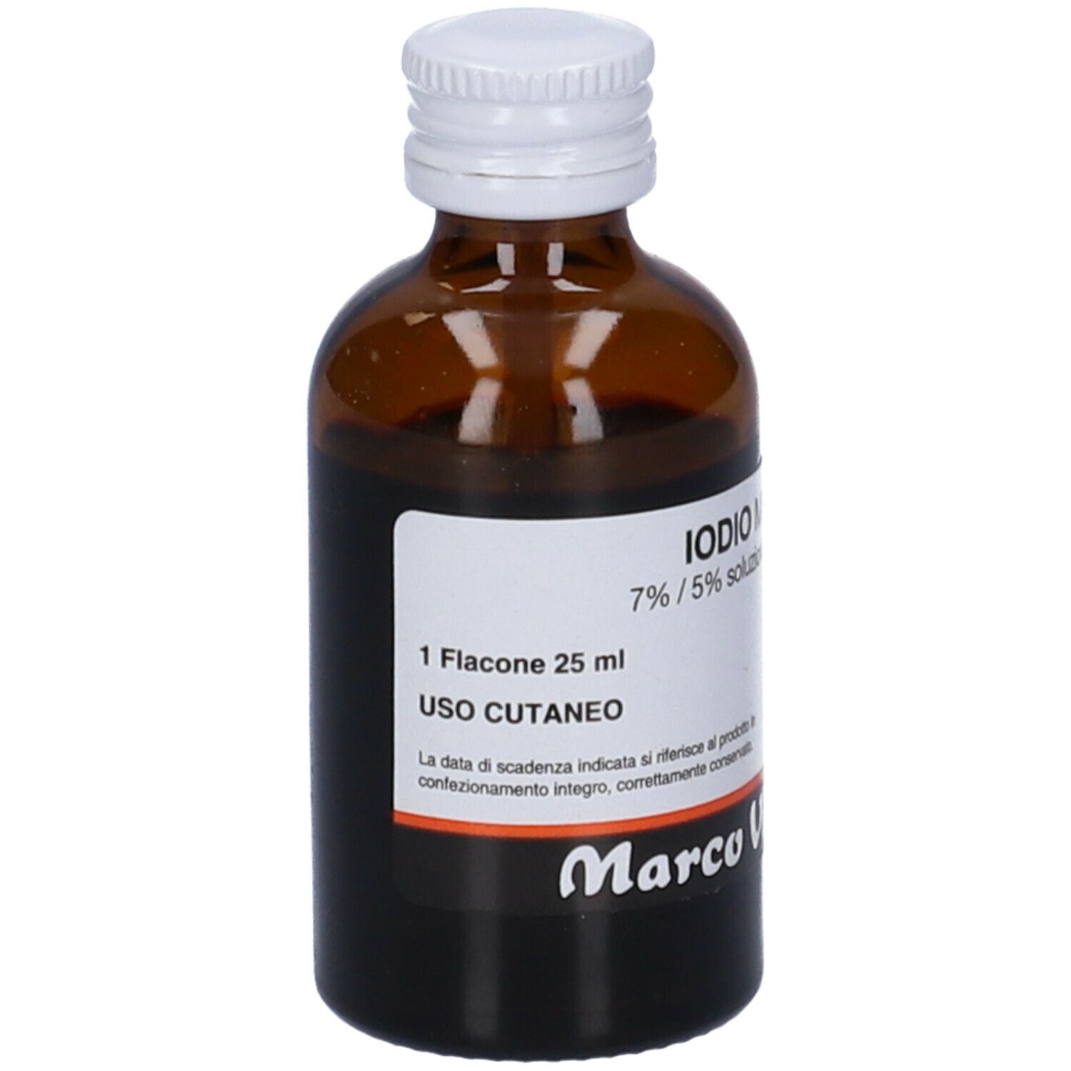 Flacone di vetro marrone con tappo bianco. Scritta: Iodio Marco Viti, 7%/5% soluzione cutanea alcolica. Etichetta con informazioni.