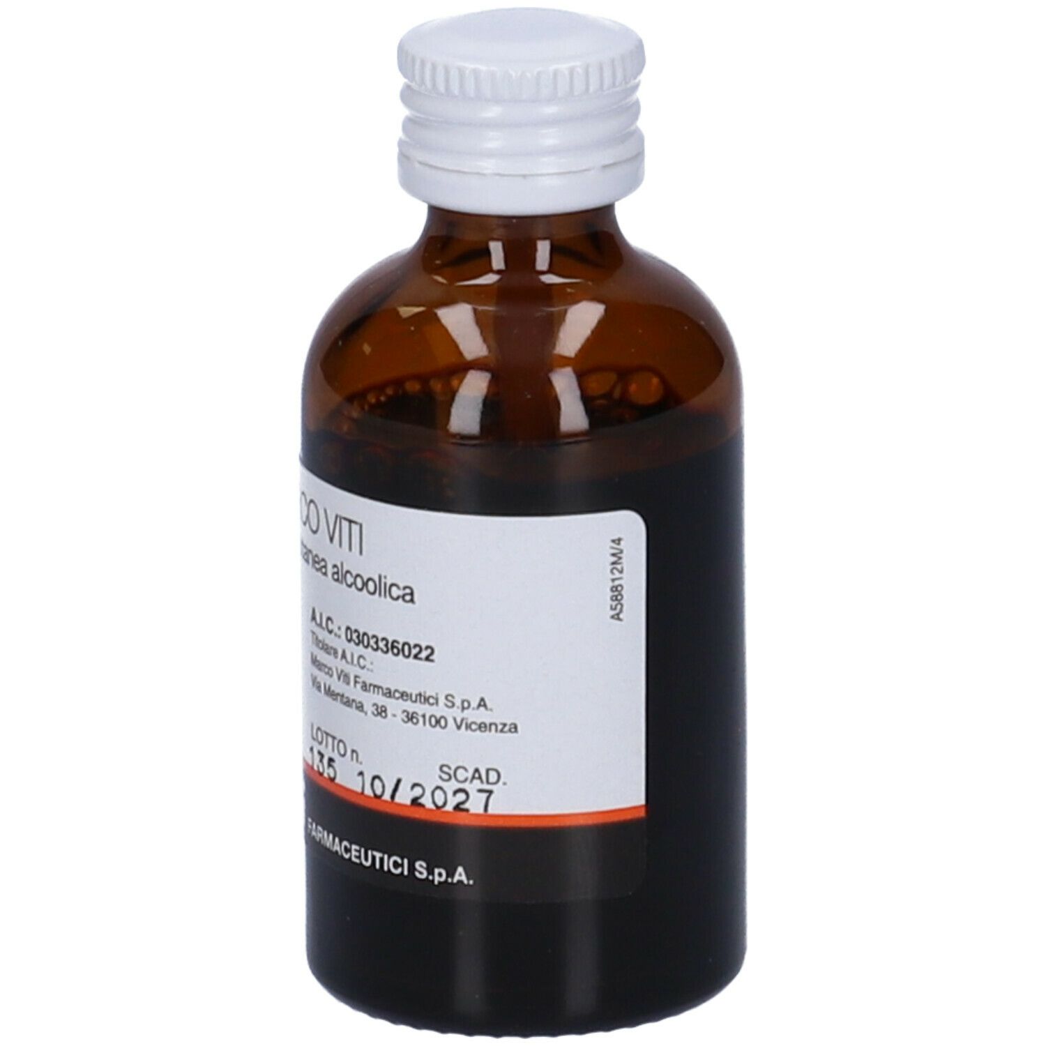 Flacone di vetro marrone con tappo bianco. Scritta: Iodio Marco Viti, 7%/5% soluzione cutanea alcolica. Etichetta con informazioni.