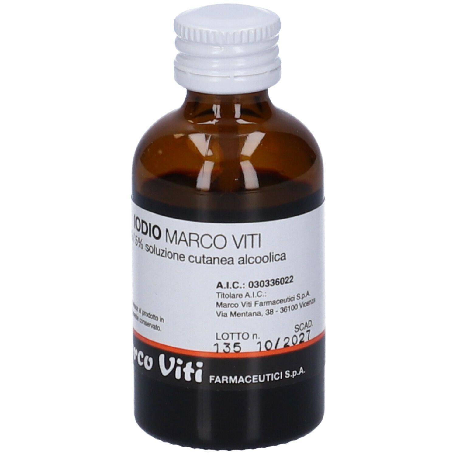 Flacone di vetro marrone con tappo bianco. Scritta: Iodio Marco Viti, 7%/5% soluzione cutanea alcolica. Etichetta con informazioni.