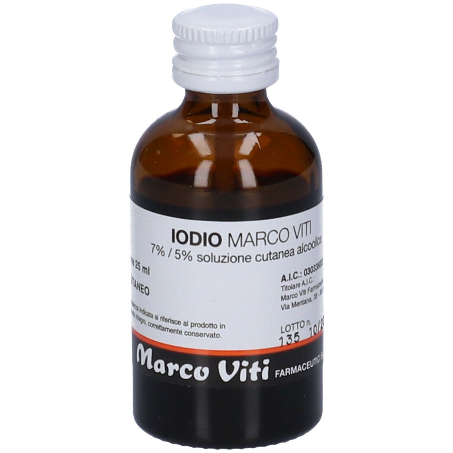 Flacone di vetro marrone con tappo bianco. Scritta: Iodio Marco Viti, 7%/5% soluzione cutanea alcolica. Etichetta con informazioni.