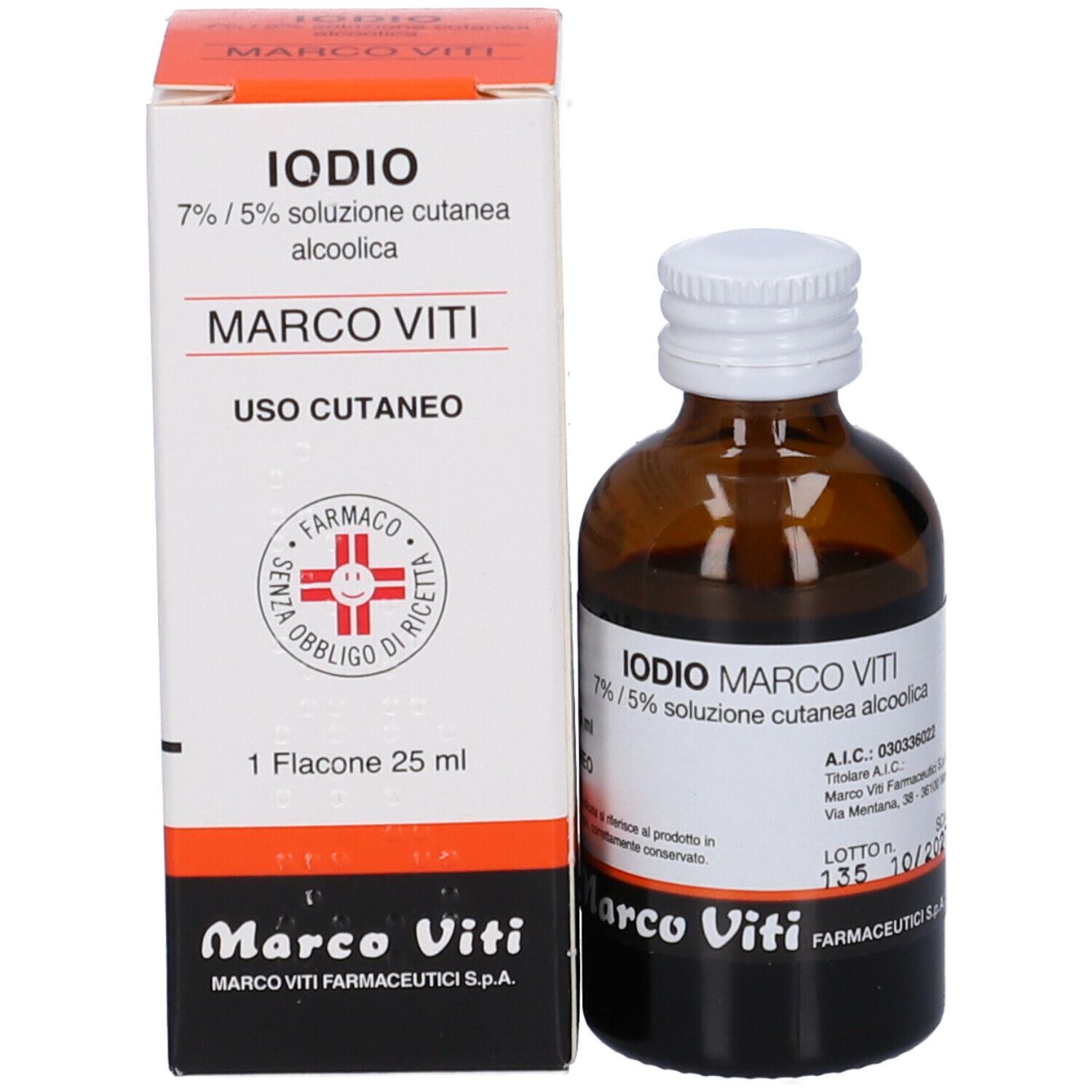 Flacone di vetro marrone con tappo bianco e scatola. Scritta: Iodio Marco Viti, 7%/5% soluzione cutanea alcolica.