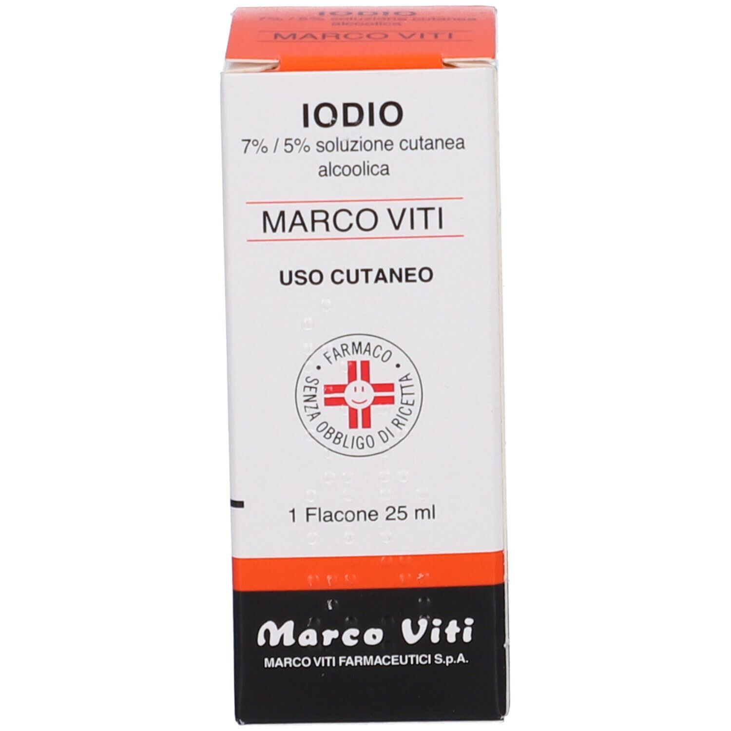 Scatola con scritta: Iodio Marco Viti, 7%/5% soluzione cutanea alcolica. Logo e testo.