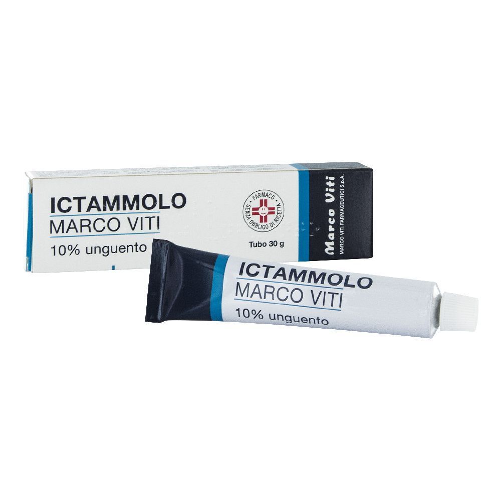 Tubo e scatola ICTAMMOLO MARCO VITI 10% Unguento. Confezione blu e bianca. Testo visibile.