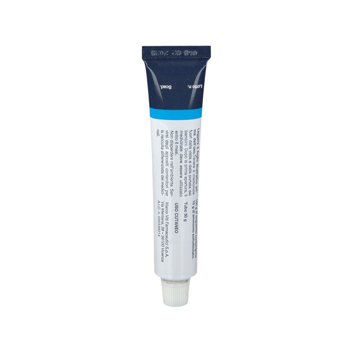Tubo ICTAMMOLO MARCO VITI 10% Unguento. Retro con testo. Colore blu e bianco.