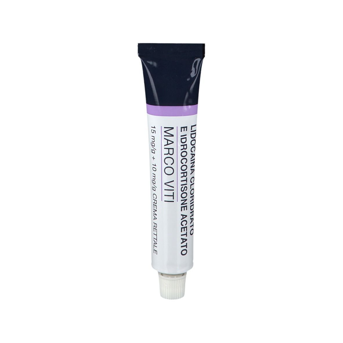 Tubo di crema. Scritta: Lidocaina Cloridrato e Idrocortisone Acetato, MARCO VITI. Per uso rettale.