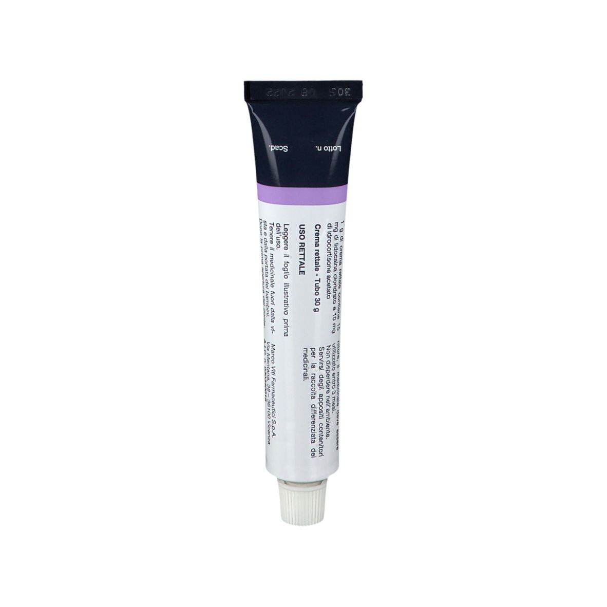 Tubo di crema. Scritta: Lidocaina Cloridrato e Idrocortisone Acetato, MARCO VITI. Per uso rettale.