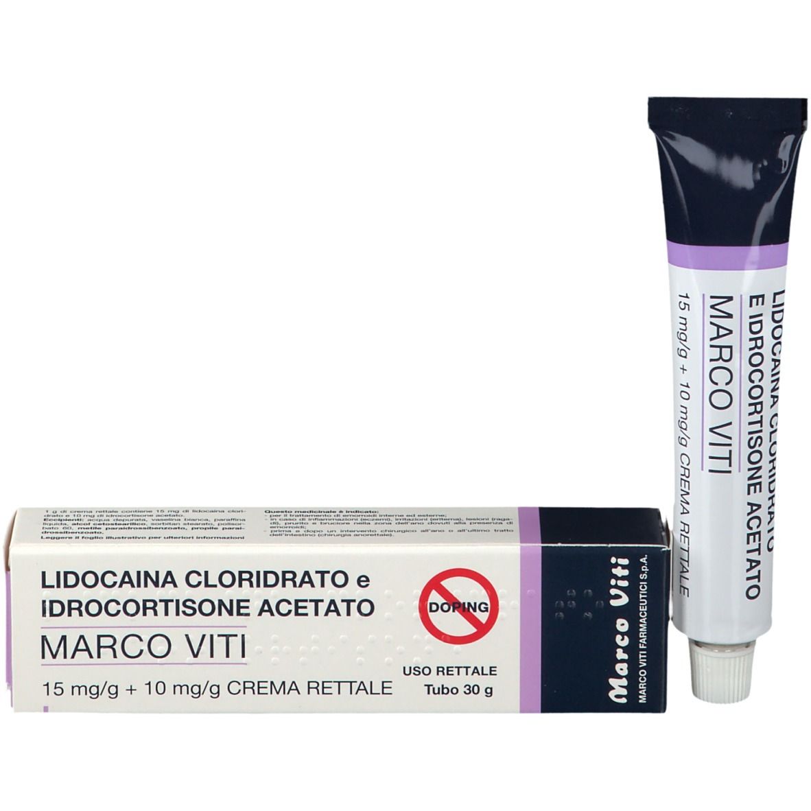 Tubo e scatola. Scritta: Lidocaina Cloridrato e Idrocortisone Acetato, MARCO VITI. Per uso rettale.