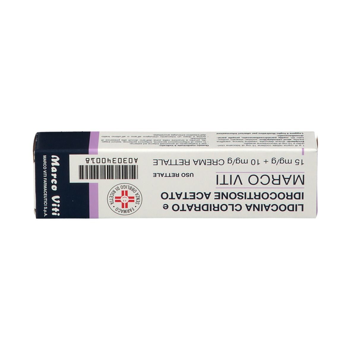 Scatola, vista dall'alto. Scritta: Lidocaina Cloridrato e Idrocortisone Acetato, MARCO VITI. Per uso rettale.