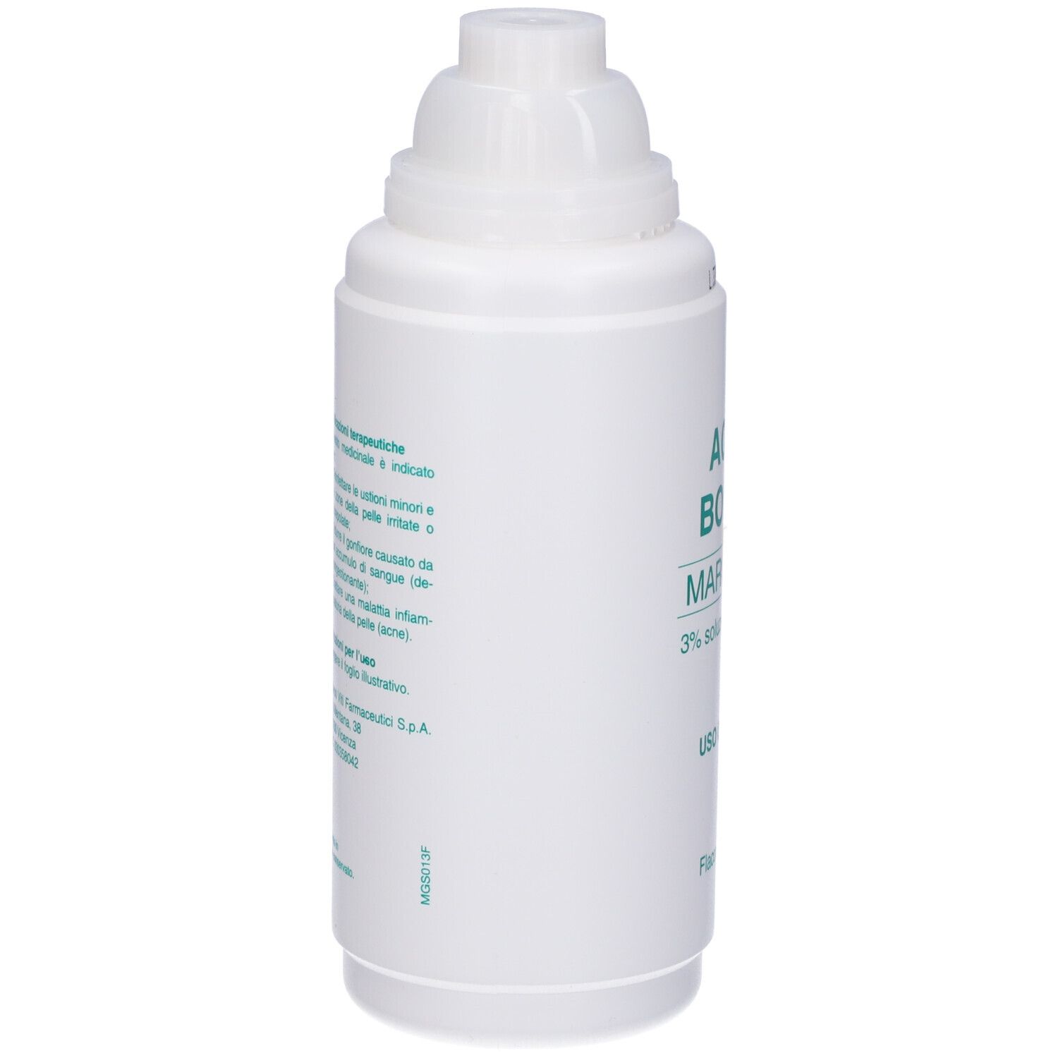 Flacone bianco con etichetta: Acido Borico Marco Viti 3% Soluzione Cutanea. Flacone 500 ml. Con tappo.