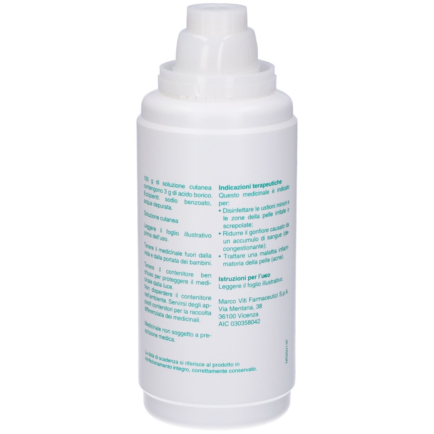 Flacone bianco con etichetta: Acido Borico Marco Viti 3% Soluzione Cutanea. Flacone 500 ml. Con tappo.