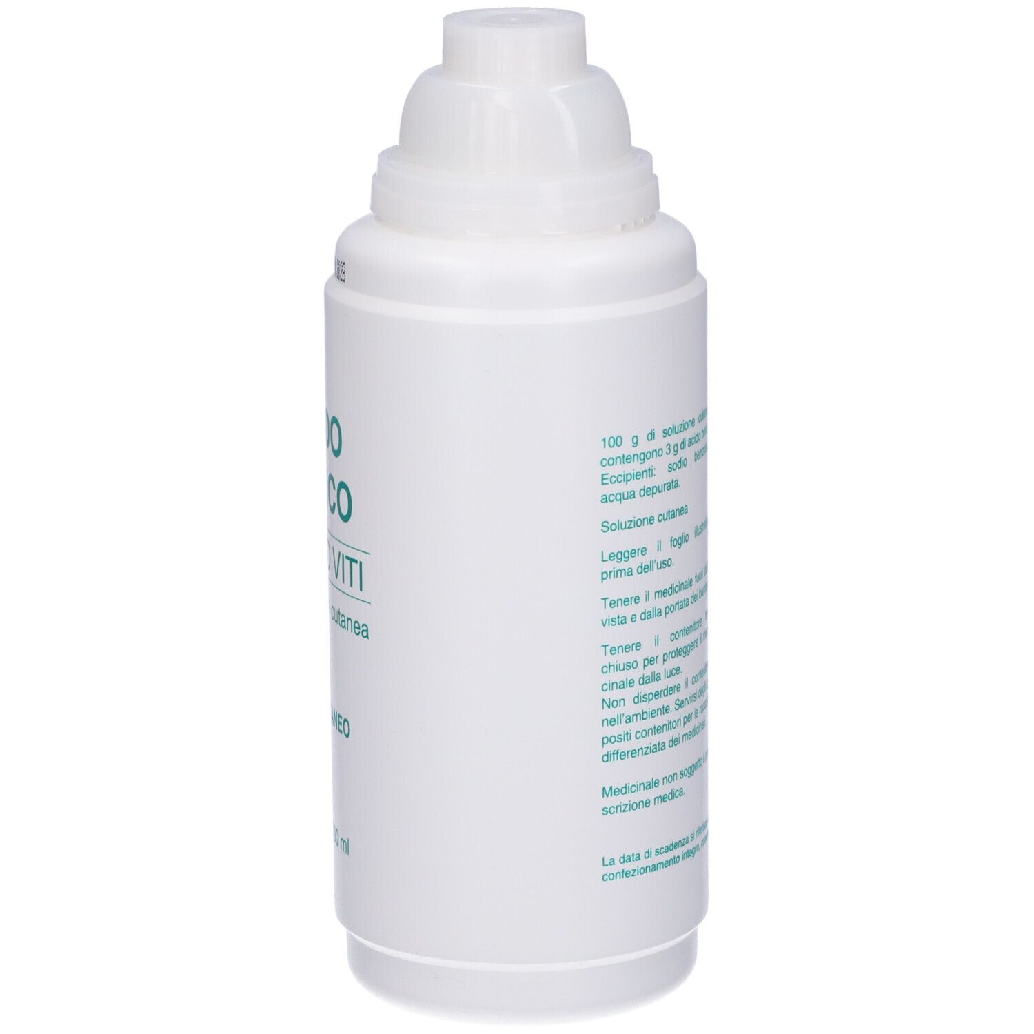 Flacone bianco con etichetta: Acido Borico Marco Viti 3% Soluzione Cutanea. Flacone 500 ml. Con tappo.