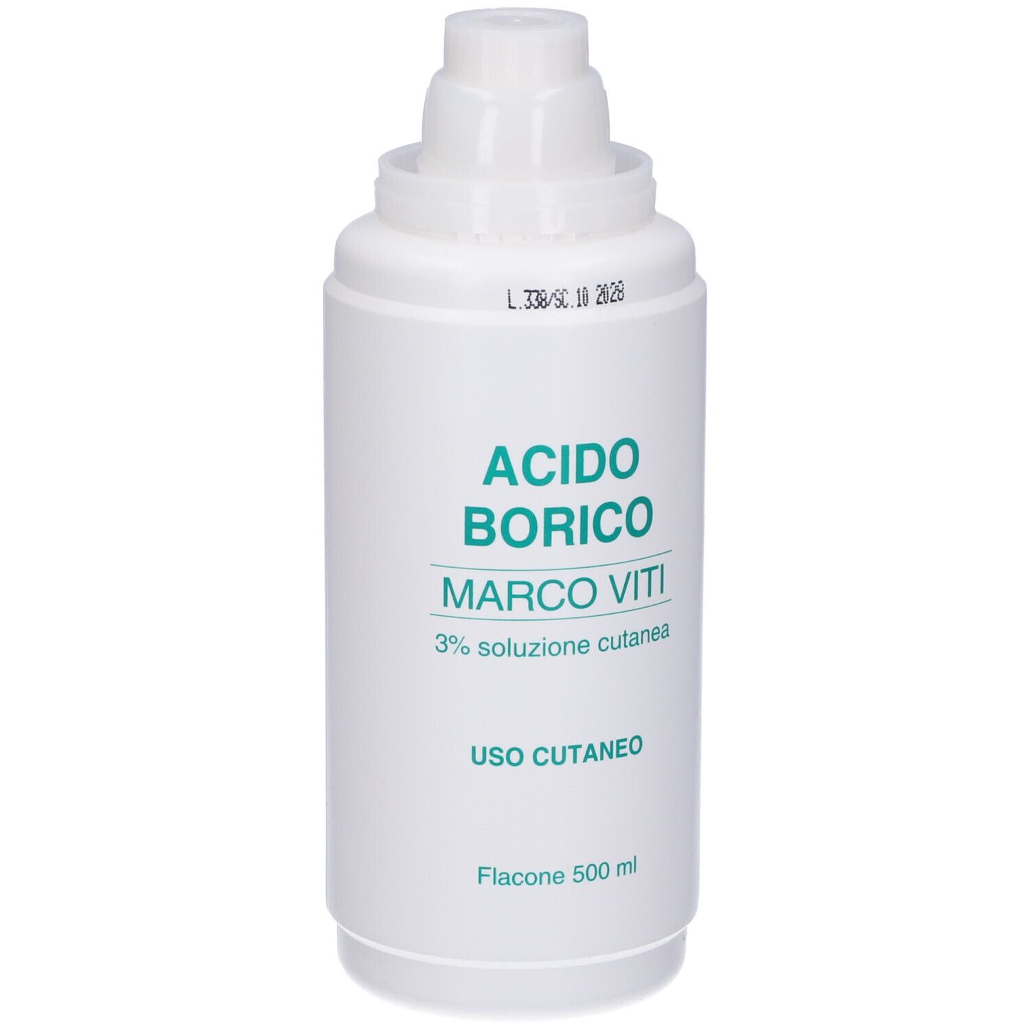 Flacone bianco con etichetta: Acido Borico Marco Viti 3% Soluzione Cutanea. Flacone 500 ml. Con tappo.