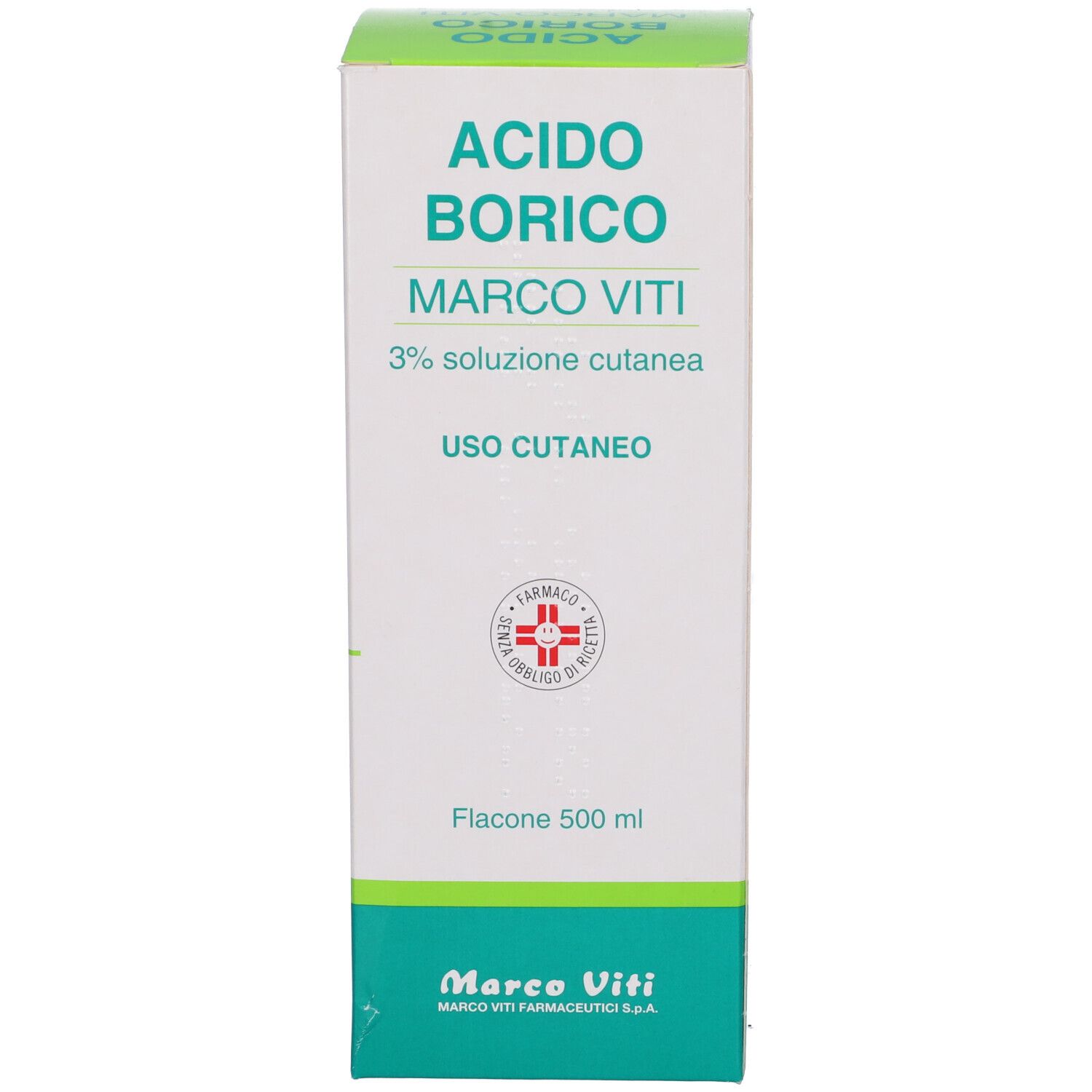 Scatola verde e bianca con etichetta: Acido Borico Marco Viti 3% Soluzione Cutanea. Flacone 500 ml.