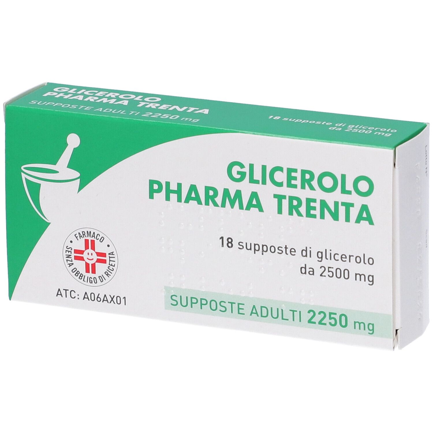 Scatola verde e bianca con nome del prodotto e logo. Contiene 18 supposte. Logo farmacia.