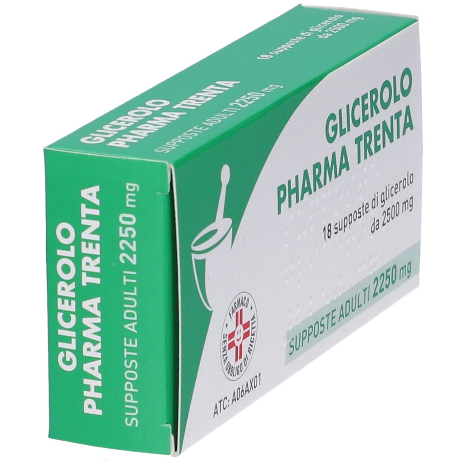 Scatola con nome del prodotto e logo. Contiene 18 supposte. Logo farmacia. Scatola in prospettiva.