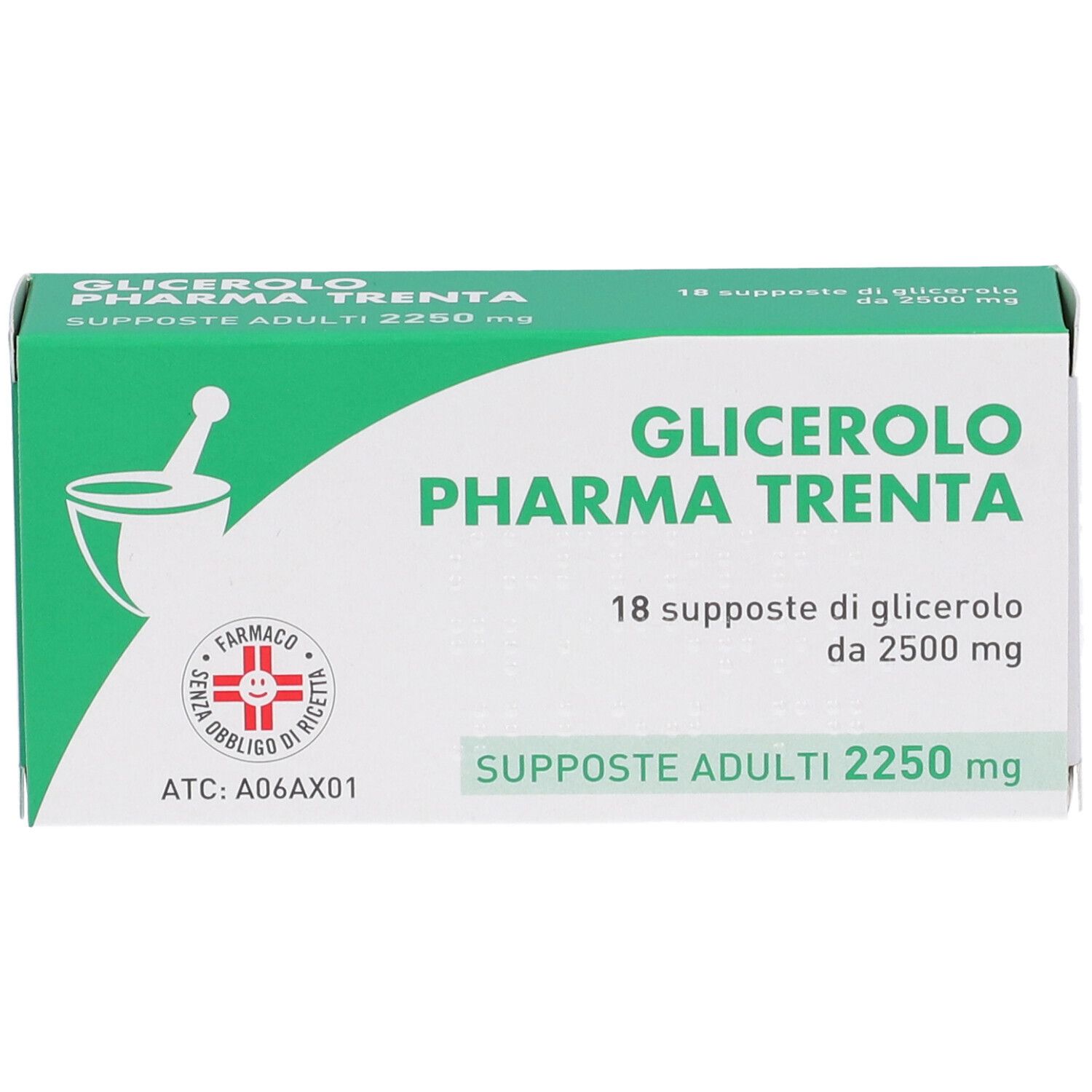 Scatola verde e bianca con nome del prodotto e logo. Contiene 18 supposte. Logo farmacia.