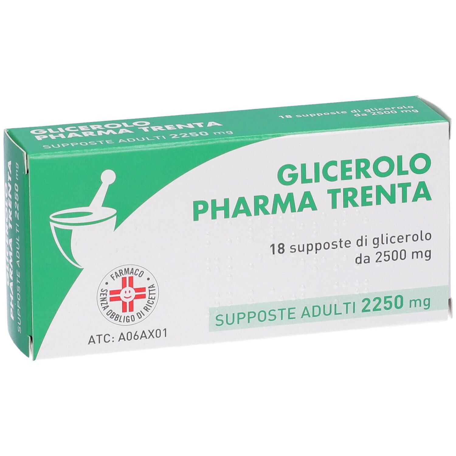 Scatola verde e bianca con nome del prodotto e logo. Contiene 18 supposte. Logo farmacia.