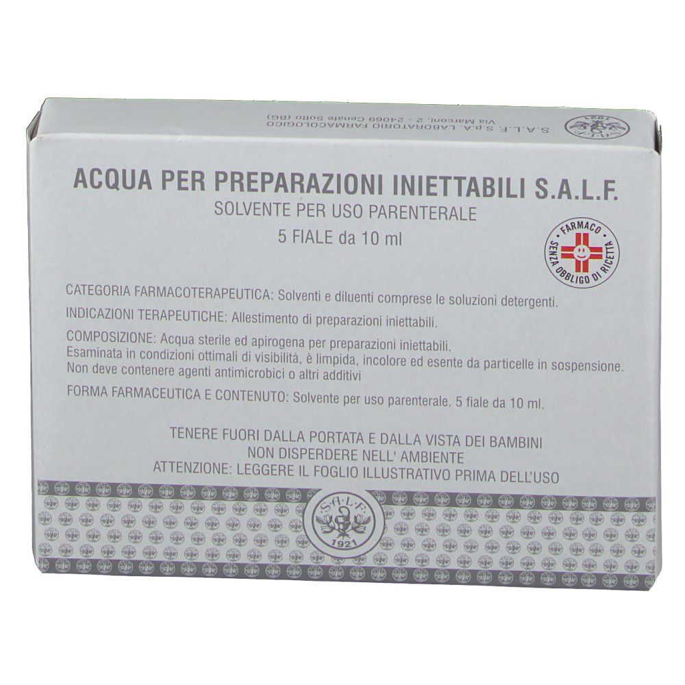 Scatola con testo: Acqua per Preparazioni Iniettabili. 5 fiale. Scritte e logo. Vista dall'alto.