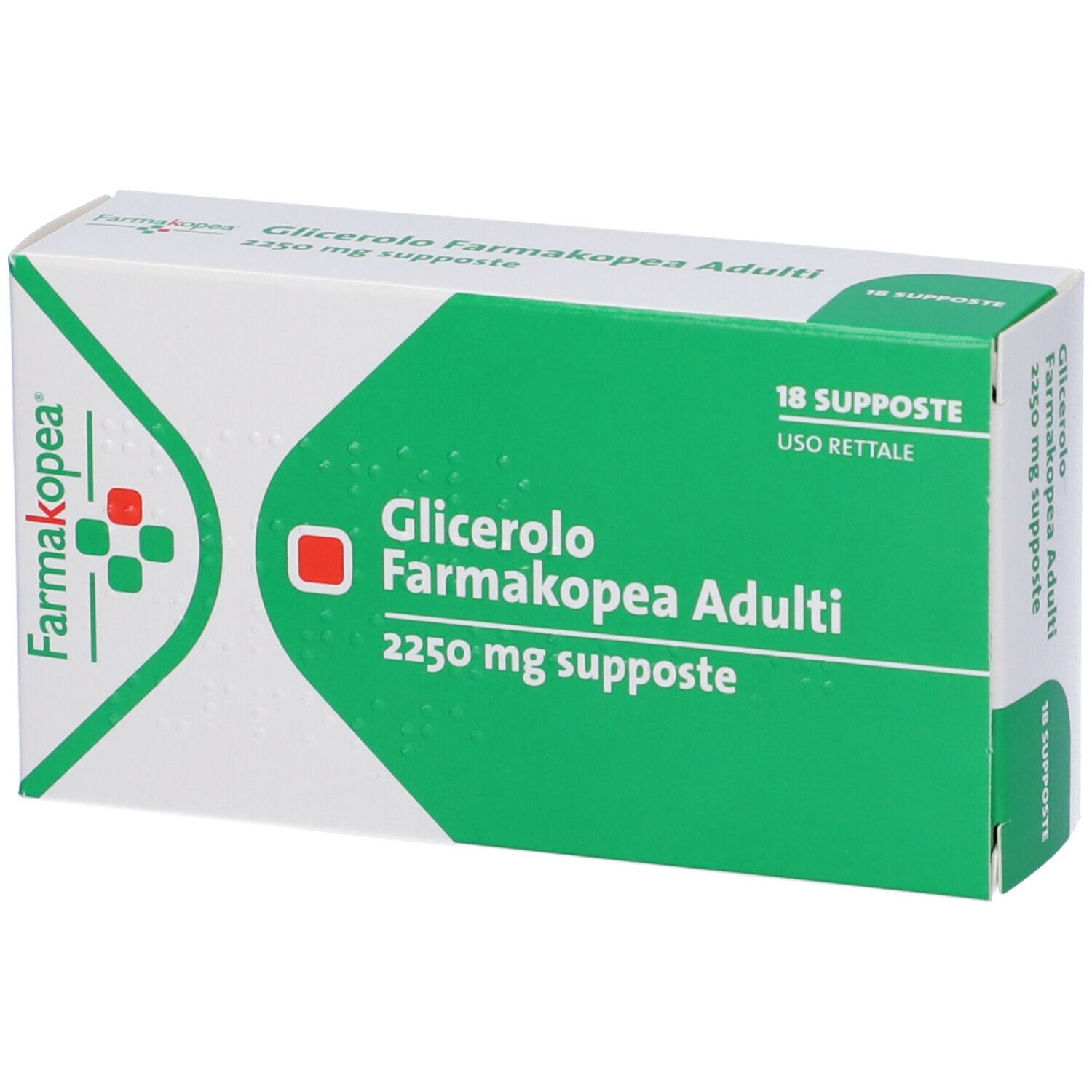 Scatola di Glicerolo Farmakopea Adulti, 18 supposte. Confezione verde e bianca con nome e logo del prodotto.