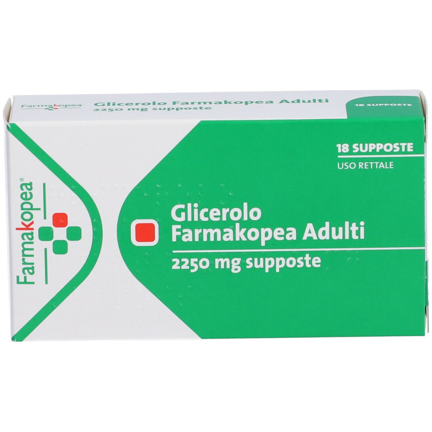 Scatola di Glicerolo Farmakopea Adulti, 18 supposte. Confezione verde e bianca con nome e logo del prodotto.