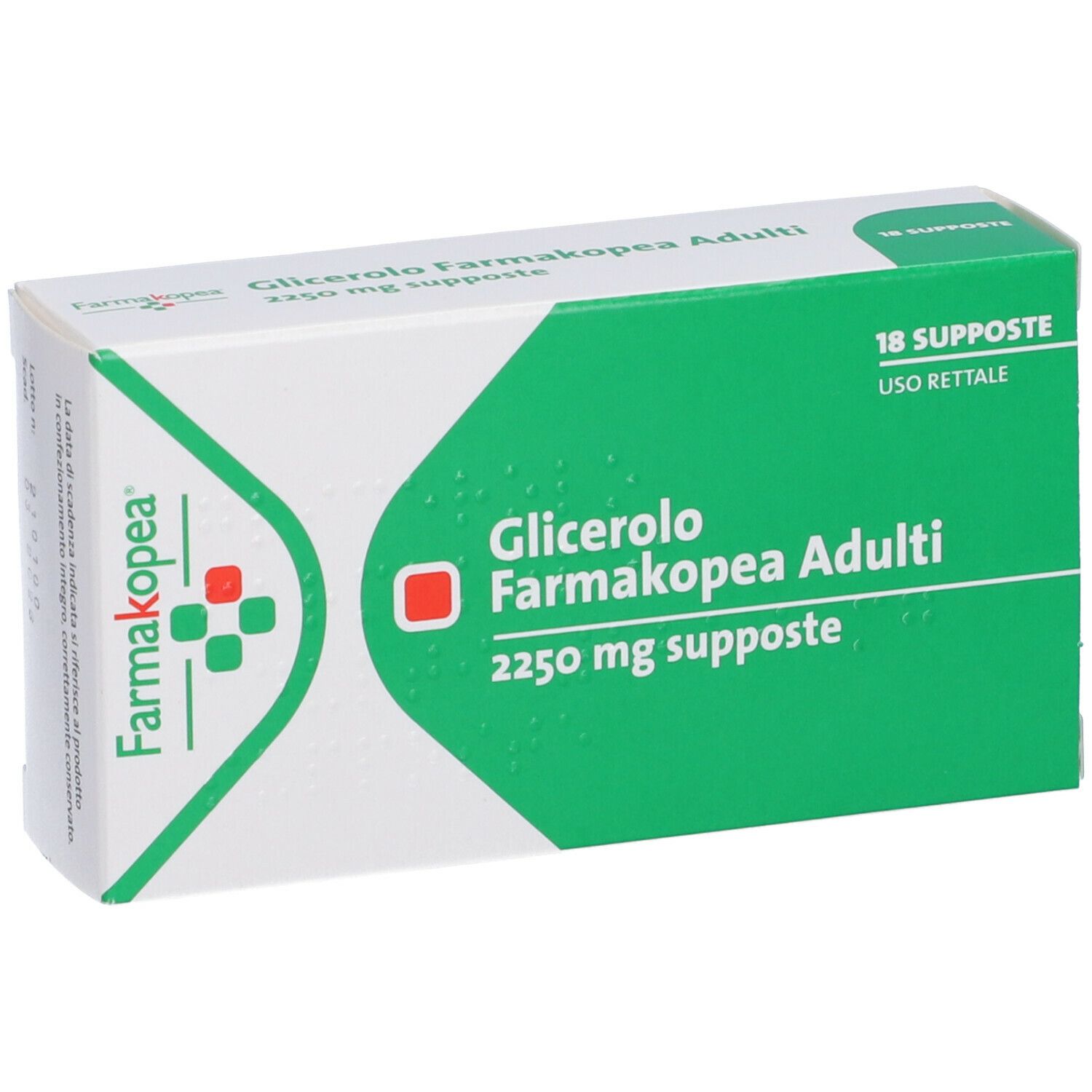 Scatola di Glicerolo Farmakopea Adulti, 18 supposte. Confezione verde e bianca con nome e logo del prodotto.