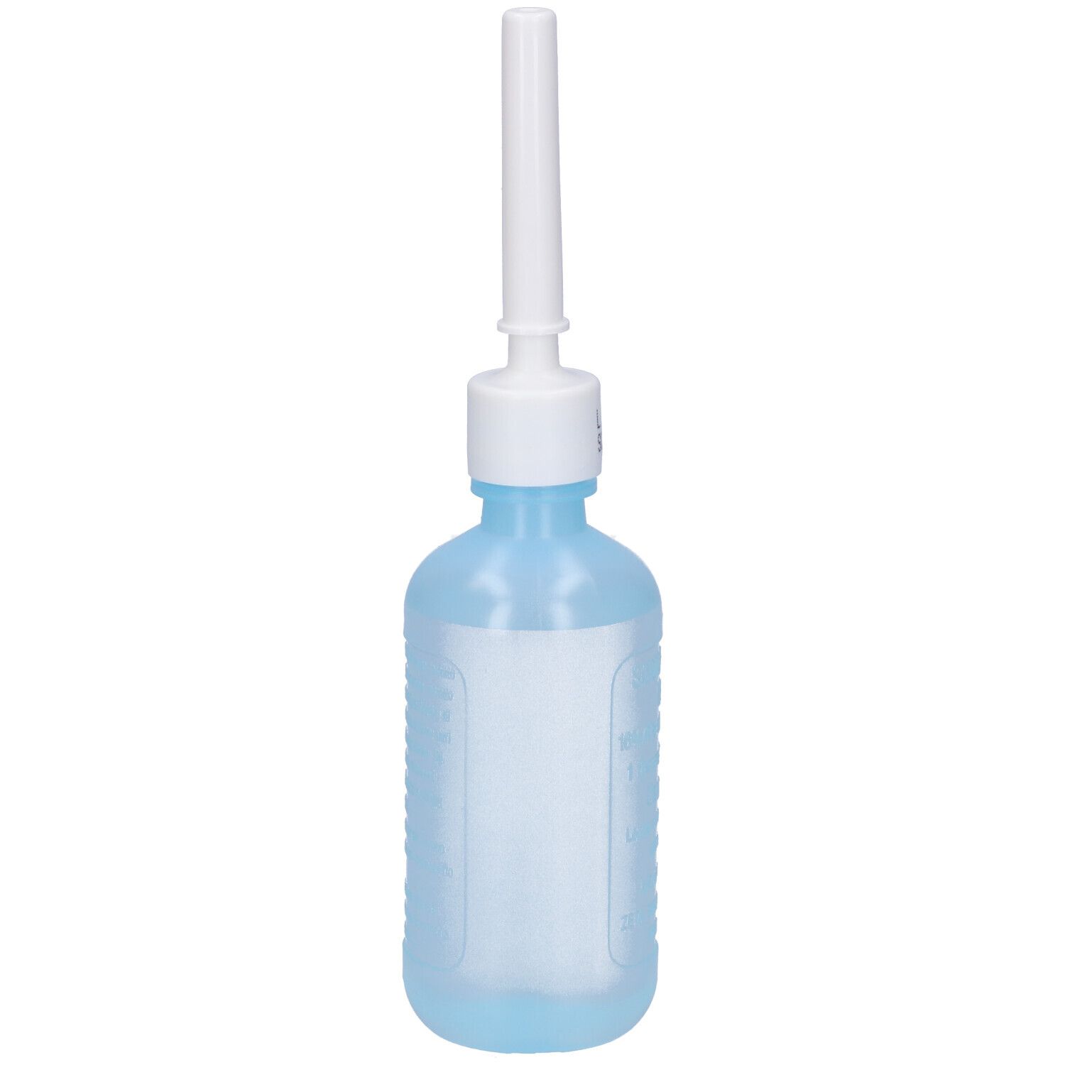 Flacone blu con applicatore bianco. Etichetta con testo. Data sulla chiusura.