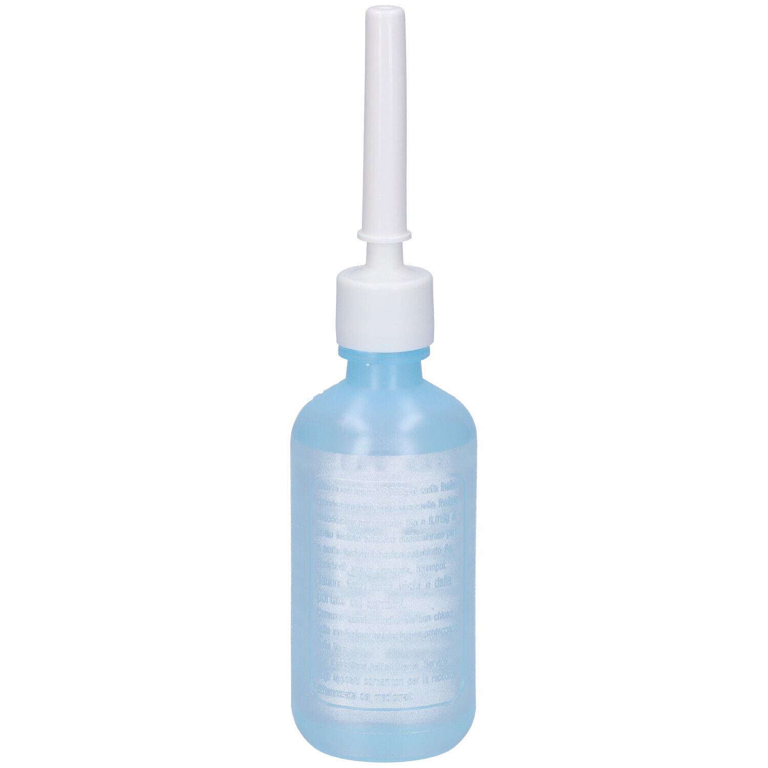Flacone blu con applicatore bianco. Etichetta con testo. Data sulla chiusura.