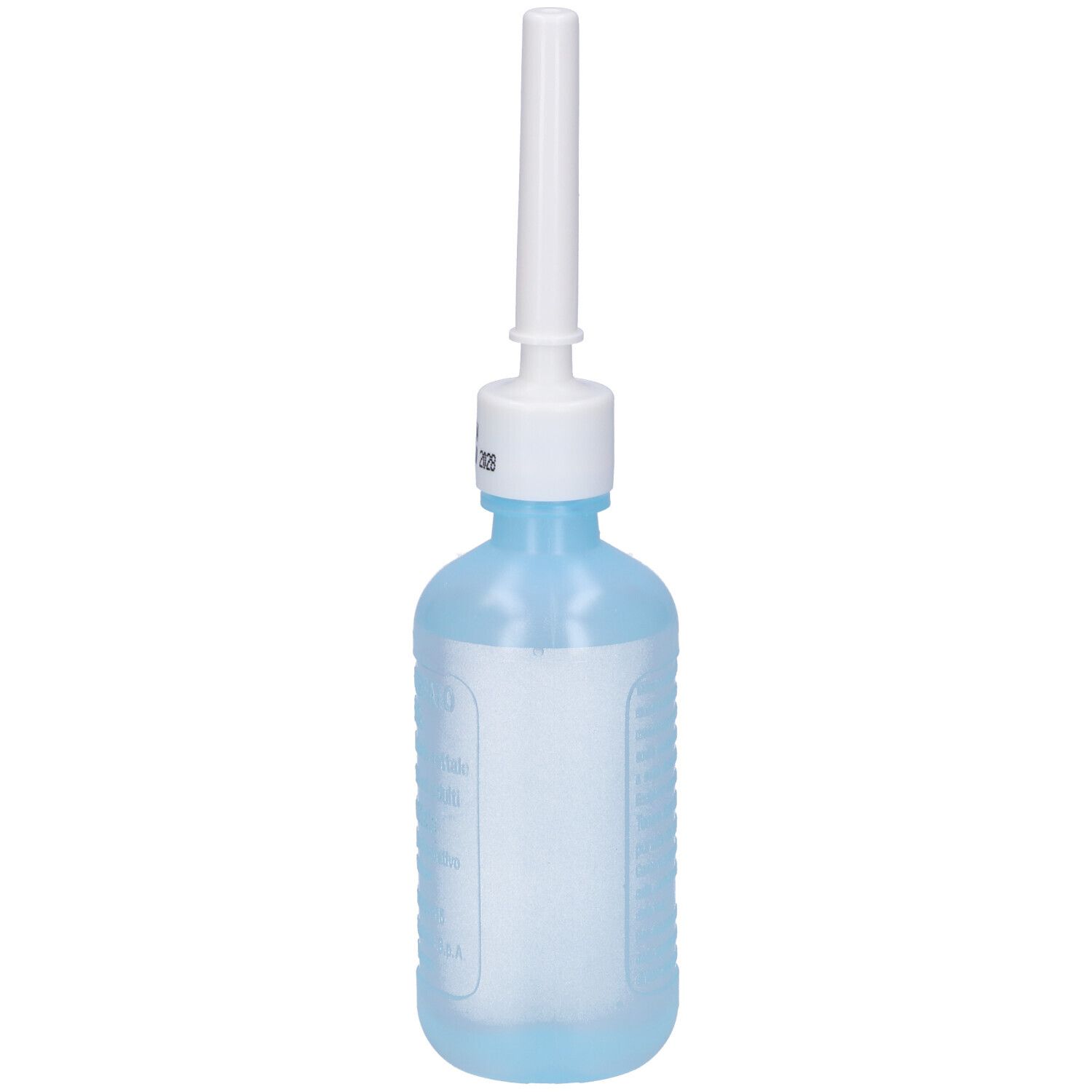 Flacone blu con applicatore bianco. Etichetta con testo. Data sulla chiusura.