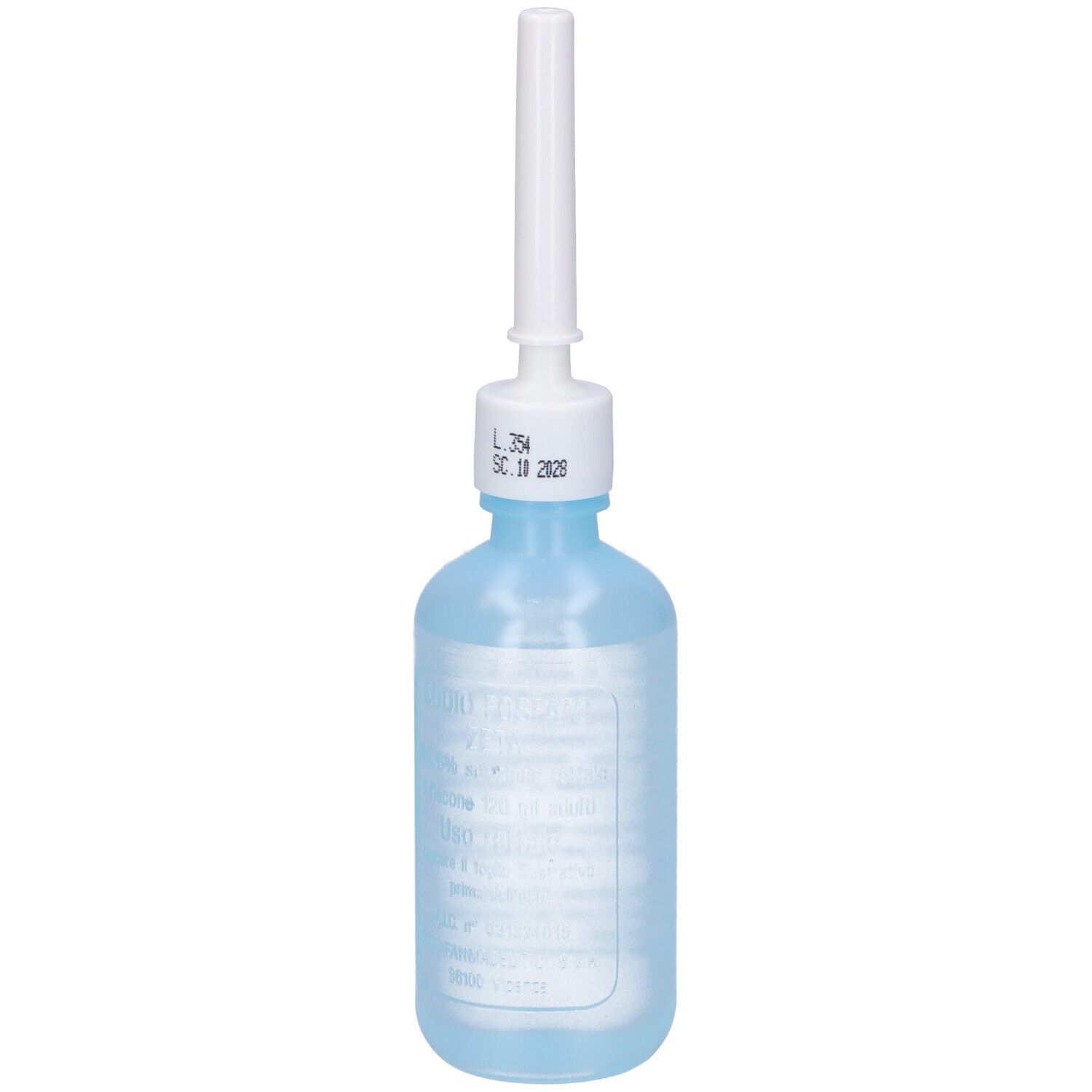 Flacone blu con applicatore bianco. Etichetta con testo. Data sulla chiusura.