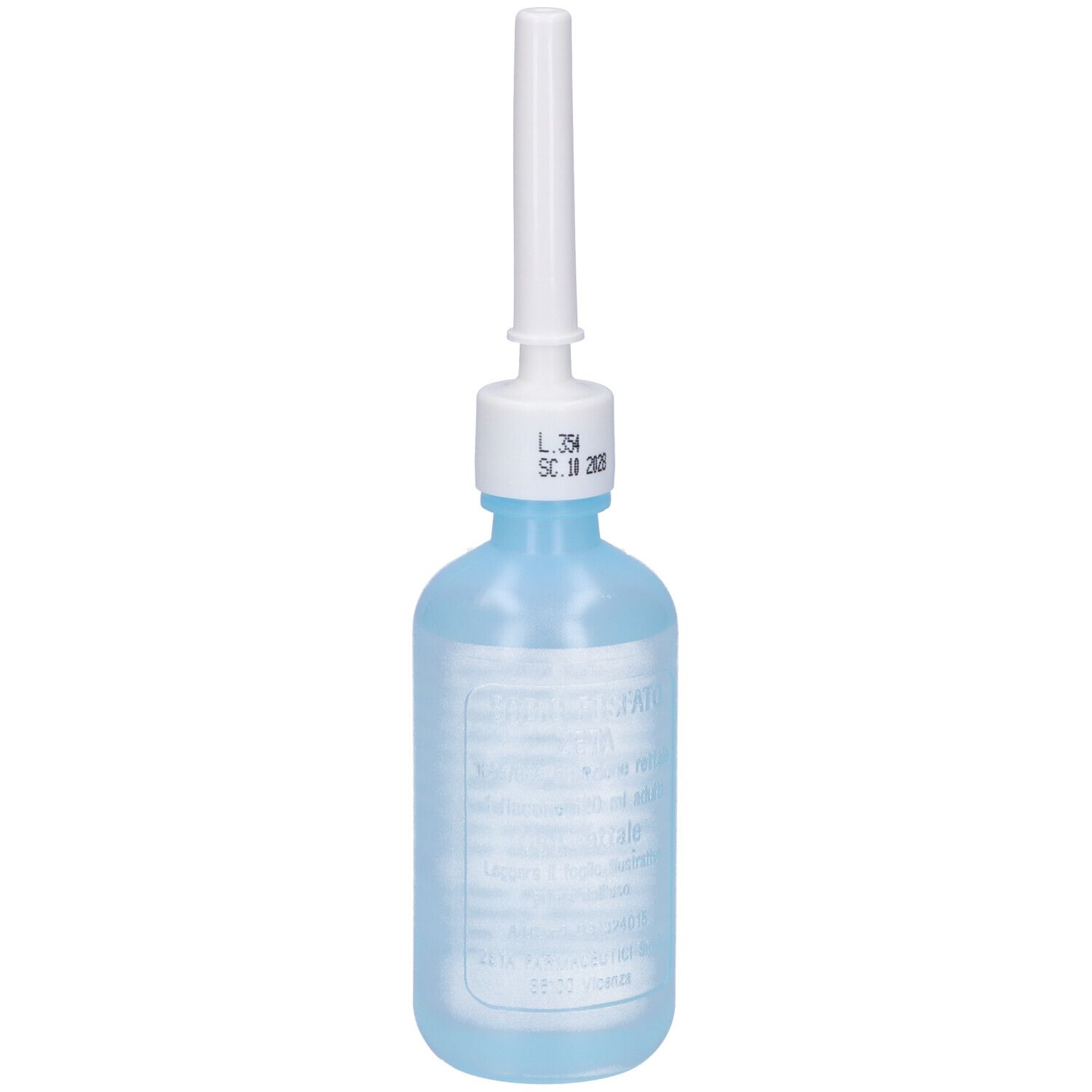 Flacone blu con applicatore bianco. Etichetta con testo. Data sulla chiusura.