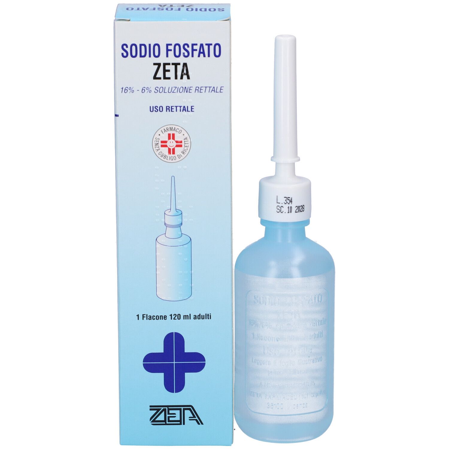 Flacone con applicatore accanto a confezione. Confezione con testo e logo.