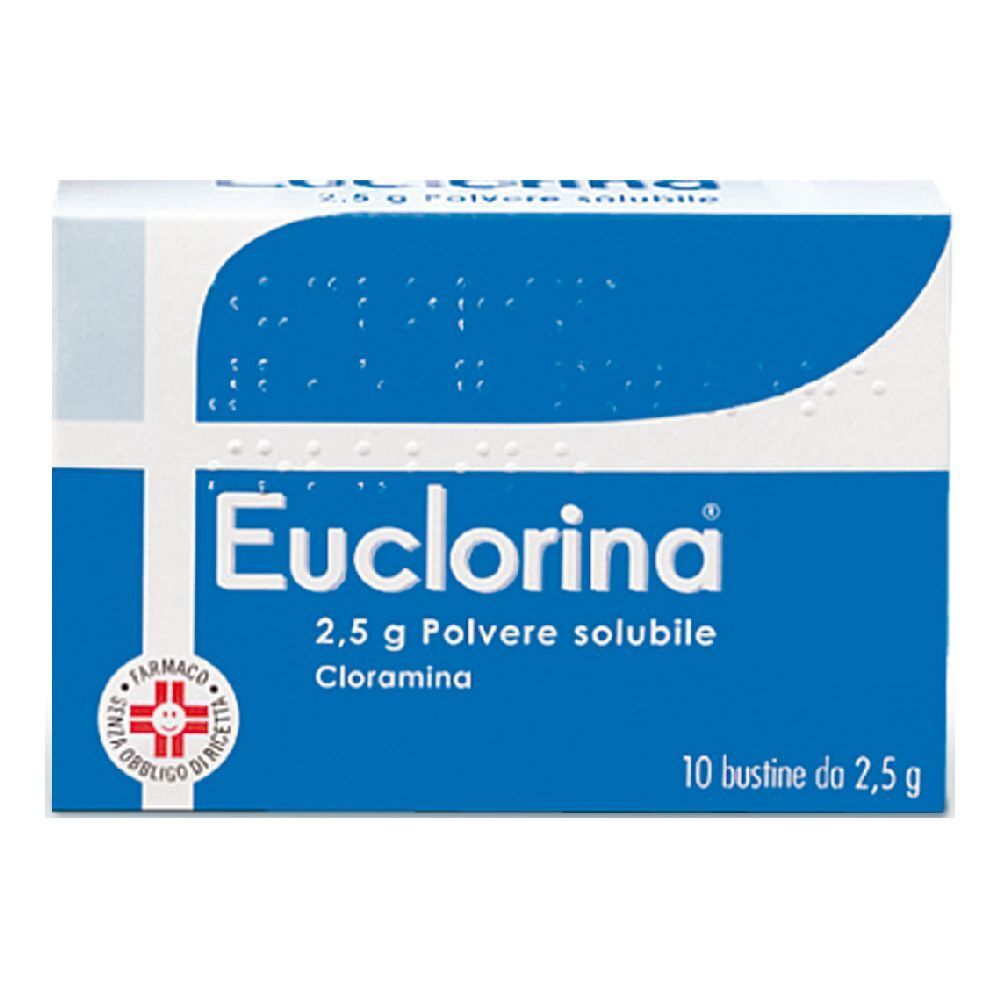 Scatola Euclorina, 2,5 g polvere solubile, 10 bustine. Confezione blu con croce bianca e nome del prodotto.