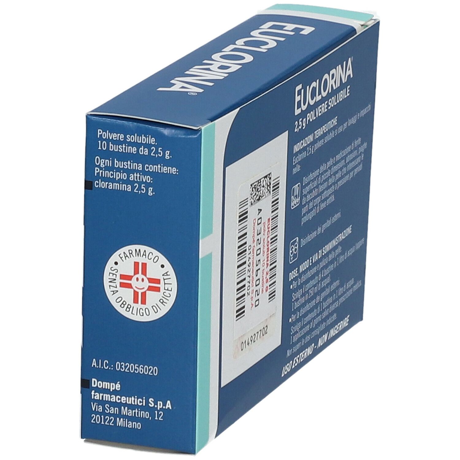Scatola Euclorina, 2,5 g polvere solubile. Confezione blu con informazioni sul prodotto e codice a barre.