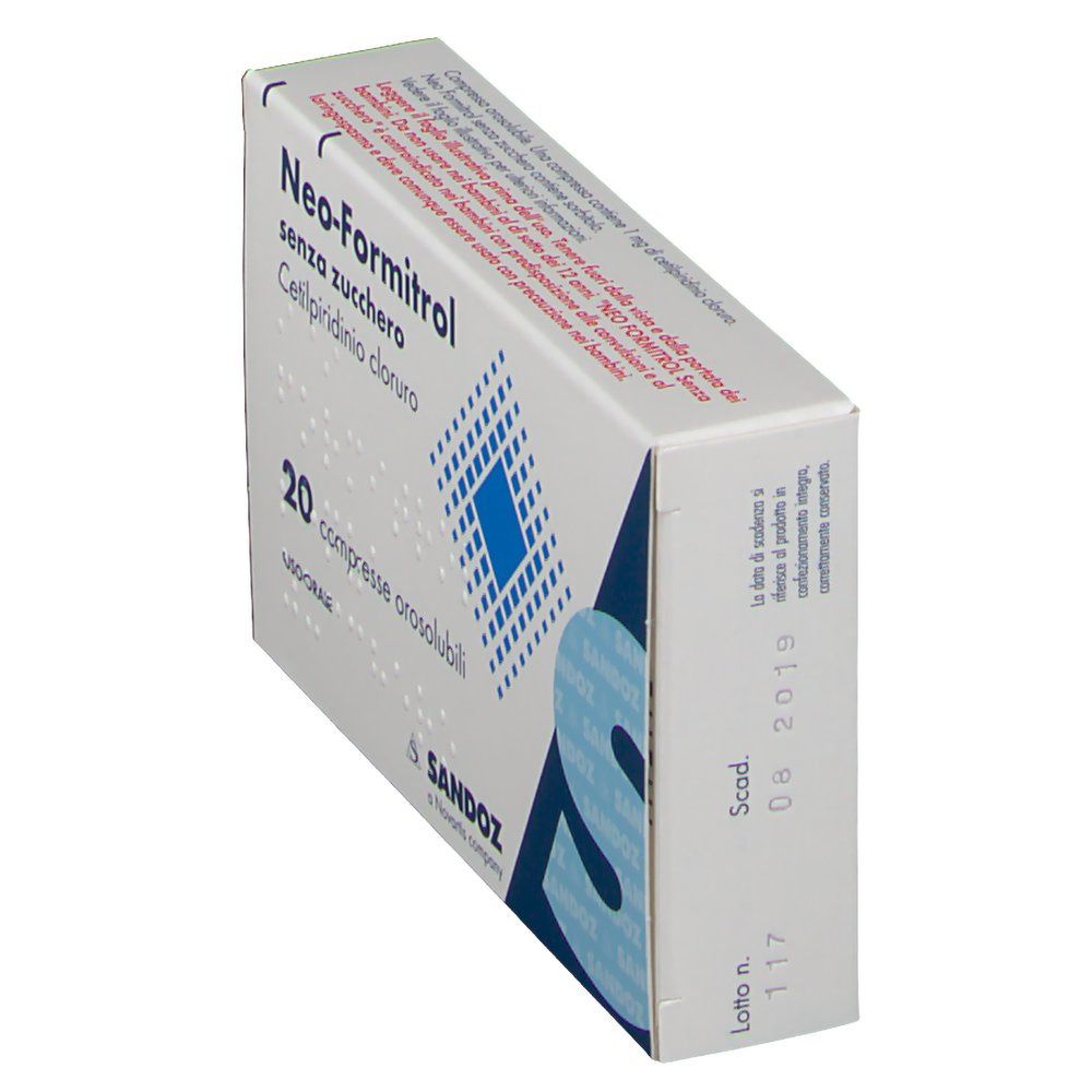 Scatola di Neo-Formitrol senza zucchero. 20 compresse. Logo Sandoz. Confezione bianca con dettagli blu e testo.
