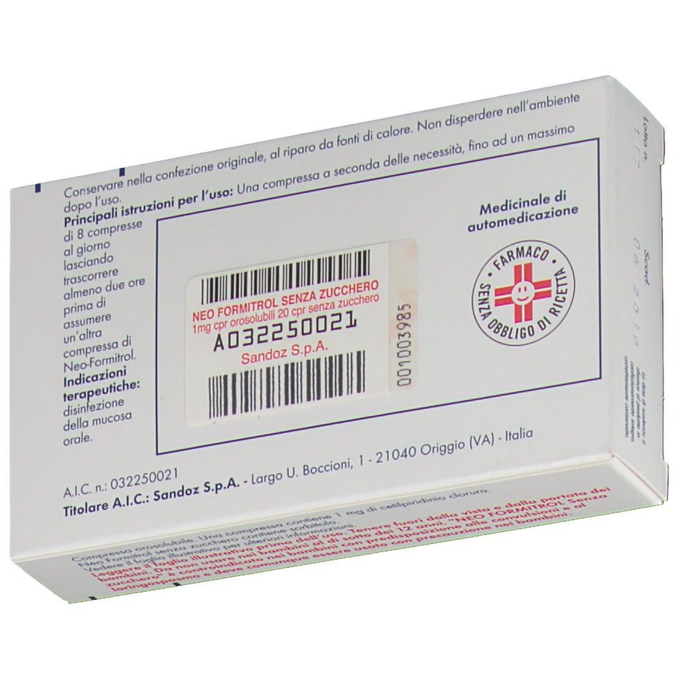 Retro della confezione Neo-Formitrol. Testo ed etichetta con informazioni sul prodotto. Logo Sandoz e simbolo farmacia.