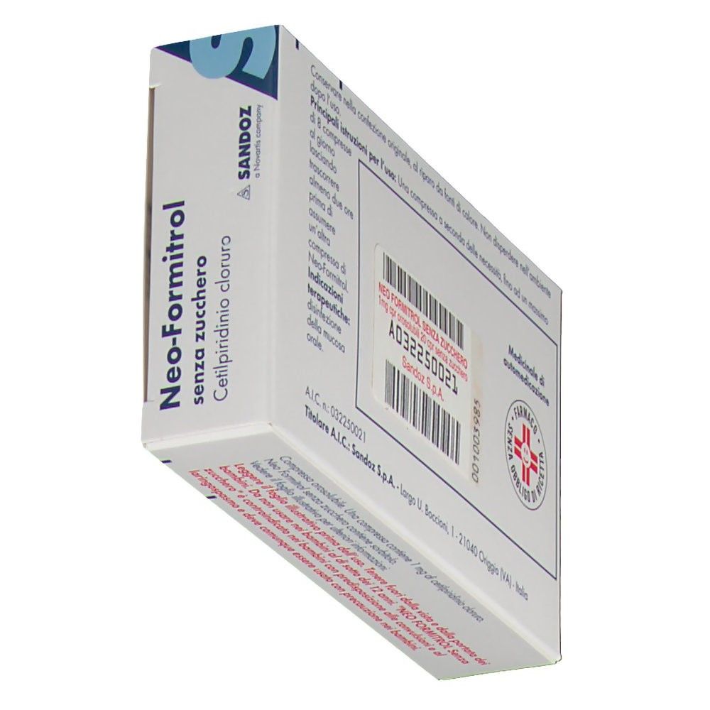 Scatola di Neo-Formitrol senza zucchero. Logo Sandoz. Confezione bianca con testo ed etichetta. Simbolo farmacia.