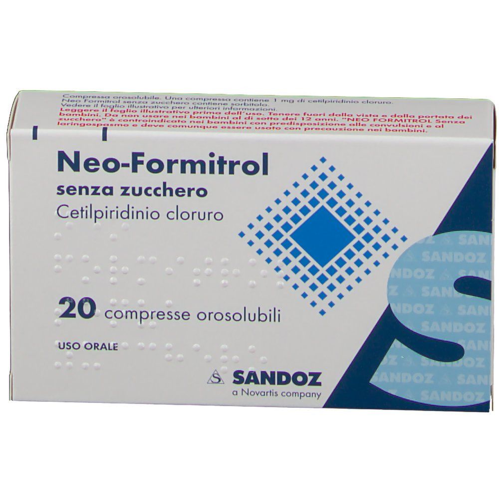 Fronte della confezione Neo-Formitrol. 20 compresse. Logo Sandoz. Confezione bianca con motivo blu e testo.
