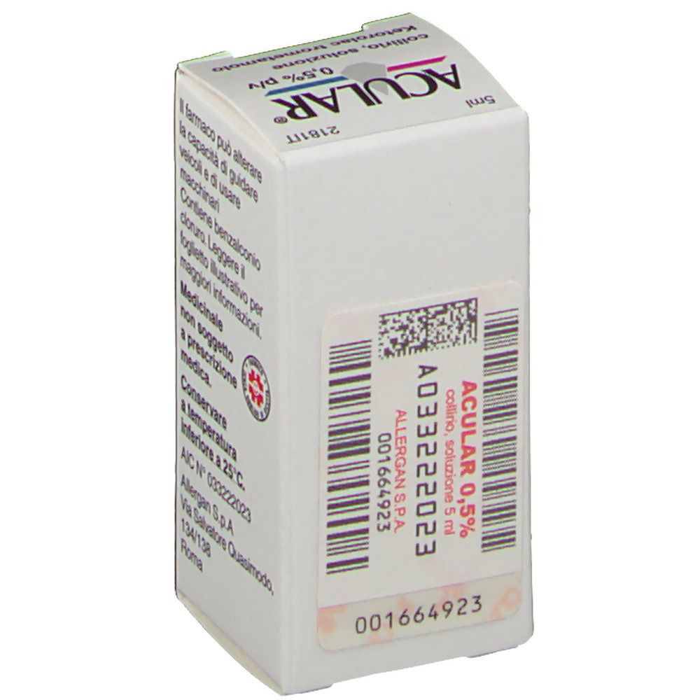 Scatola pieghevole bianca con logo ACULAR® ed etichetta con codice a barre. Contiene informazioni sul prodotto e numero di lotto. Scritte in italiano.