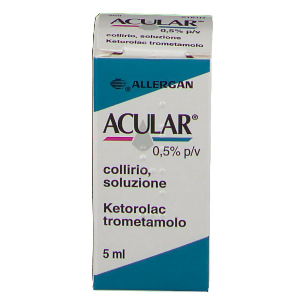 Scatola pieghevole bianca con logo ACULAR® e informazioni sul prodotto. Contiene 5 ml di soluzione. Scritte in italiano.