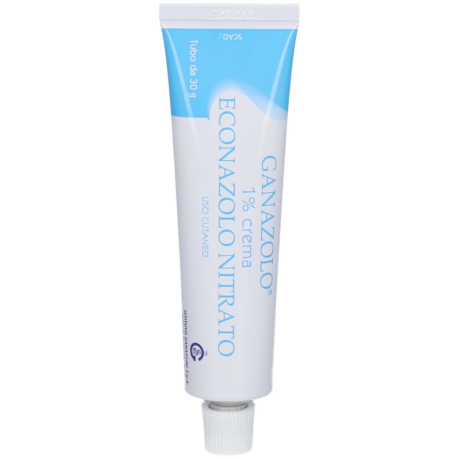 Tubo di crema con testo blu e bianco. Contiene 'Econazolo Nitrato' e 'Ganazolo 1% crema'.