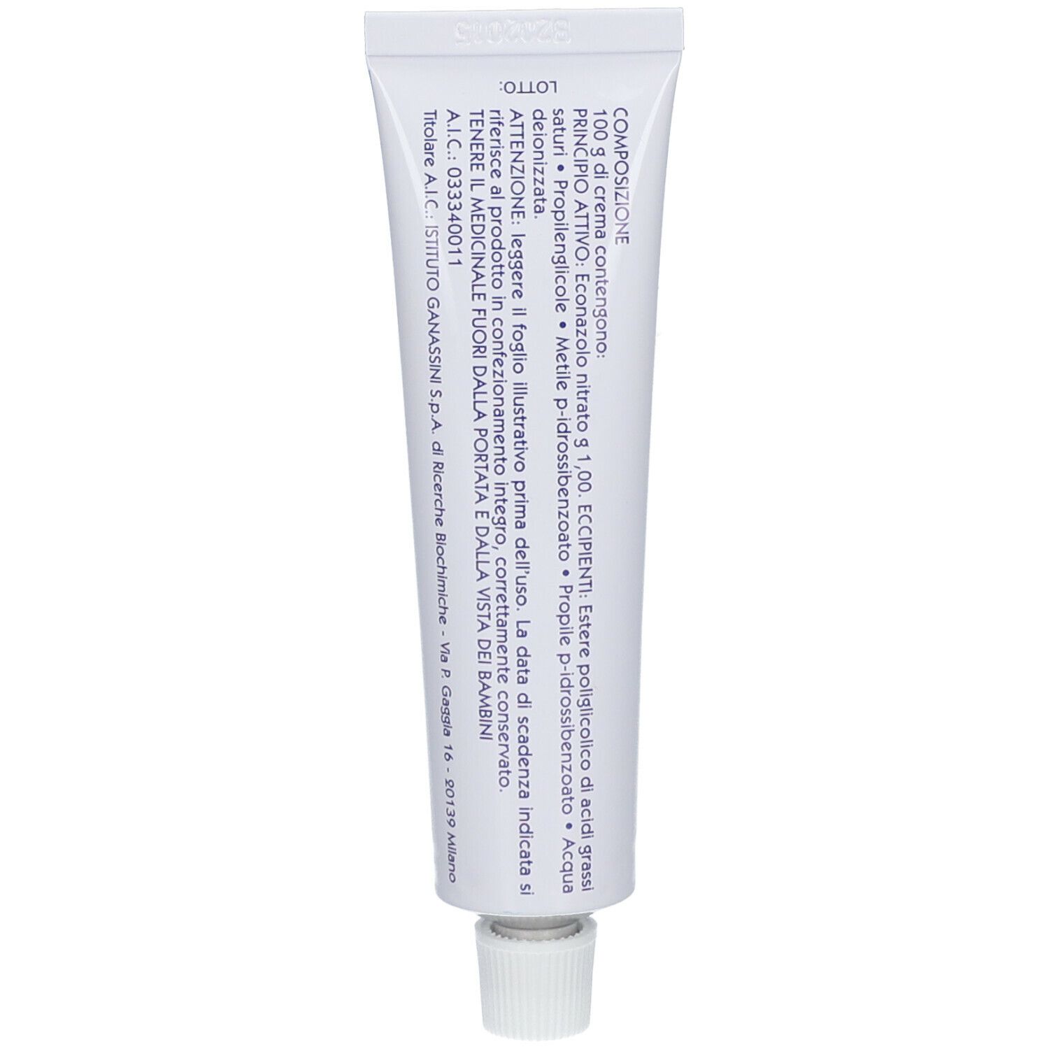 Retro del tubo di crema con informazioni sugli ingredienti e avvertenze in italiano.