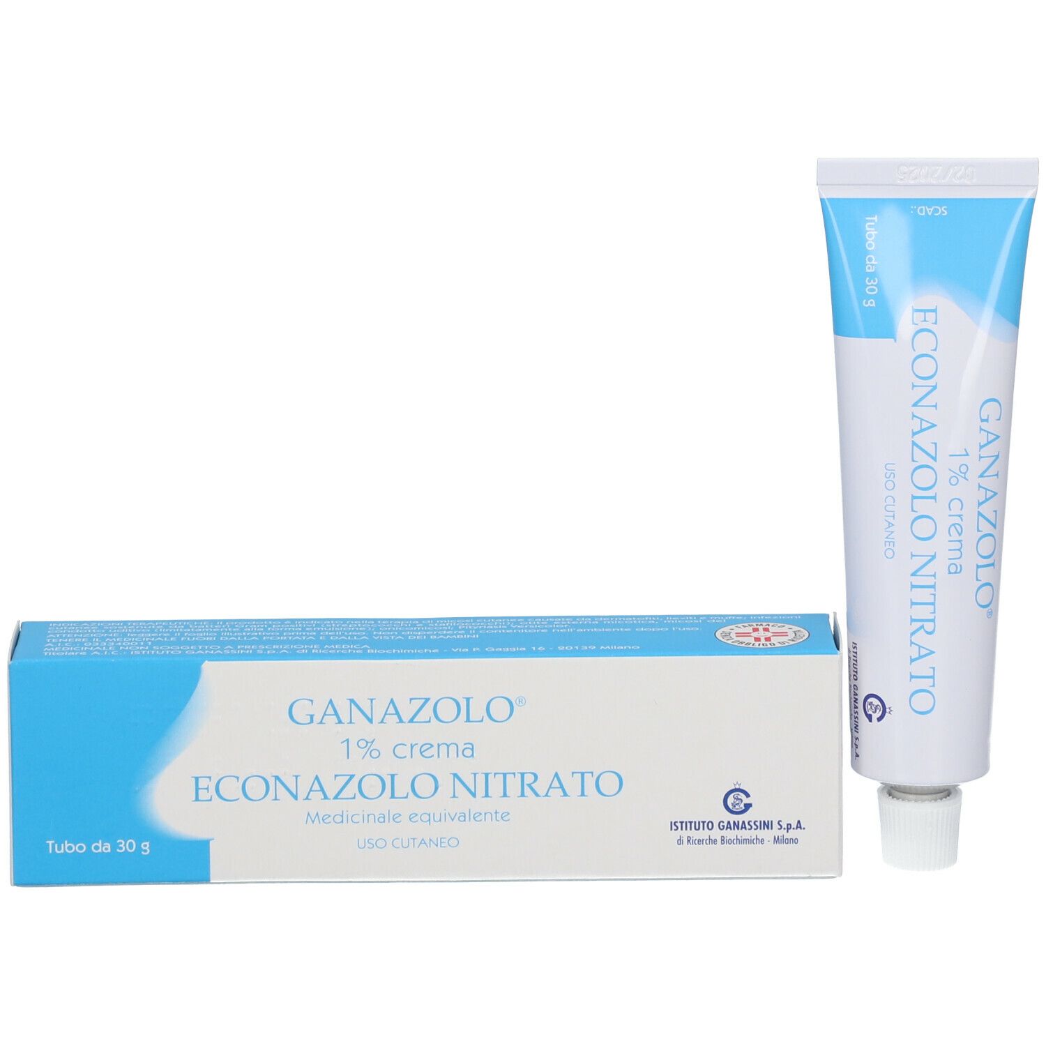 Scatola e tubo di crema. Sulla scatola c'è scritto 'Ganazolo 1% crema Econazolo Nitrato'.