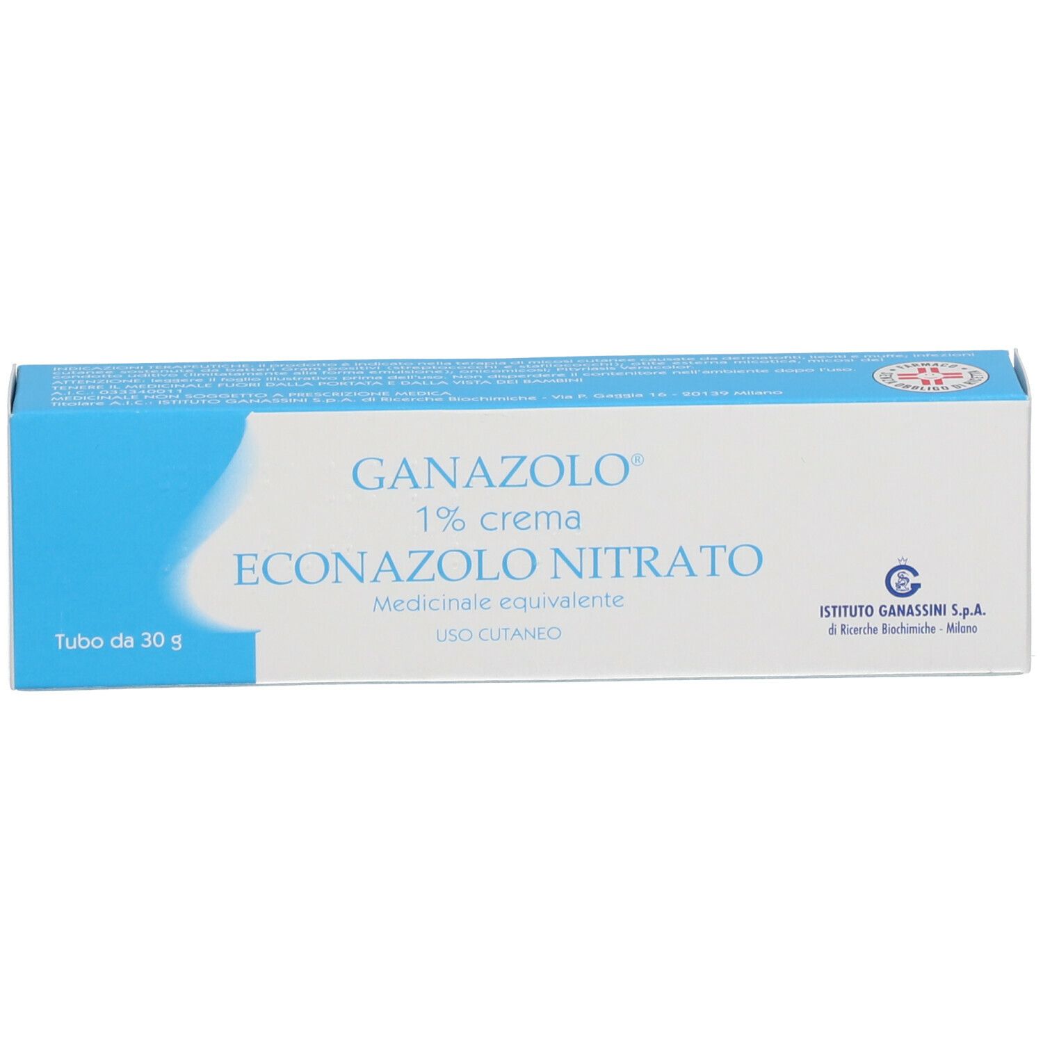 Scatola bianca con testo blu. Contiene 'Ganazolo 1% crema Econazolo Nitrato'.