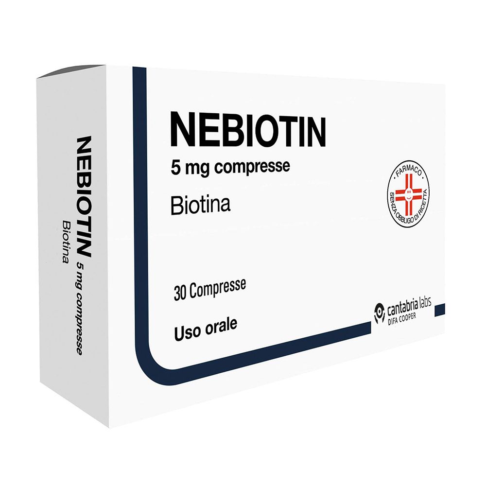 Scatola NEBIOTIN 5 mg compresse. Scritto: 5 mg compresse, Biotina, 30 Compresse, Uso orale. Logo Farmaco.