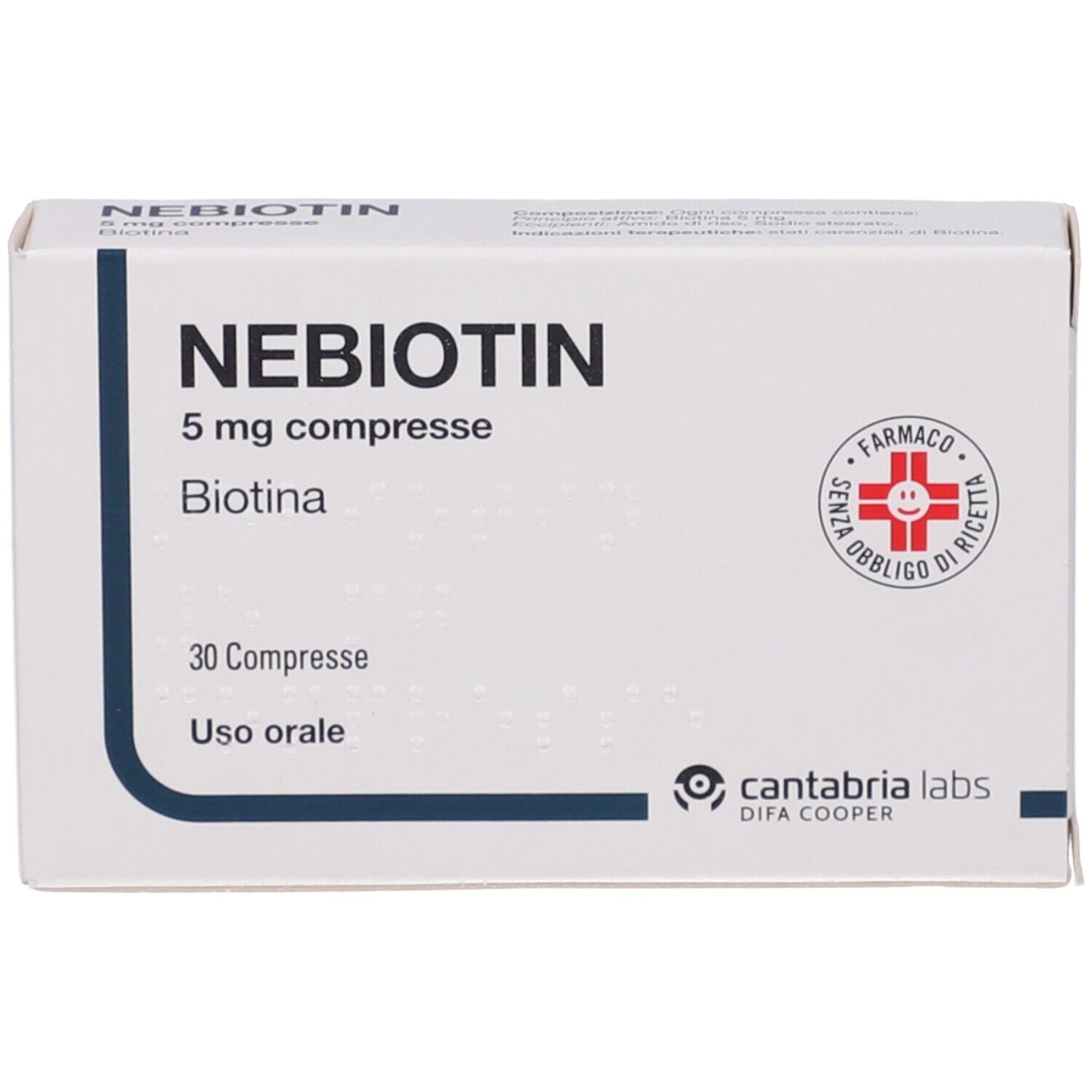 Scatola NEBIOTIN 5 mg compresse. Scritto: 5 mg compresse, Biotina, 30 Compresse, Uso orale. Logo Farmaco.