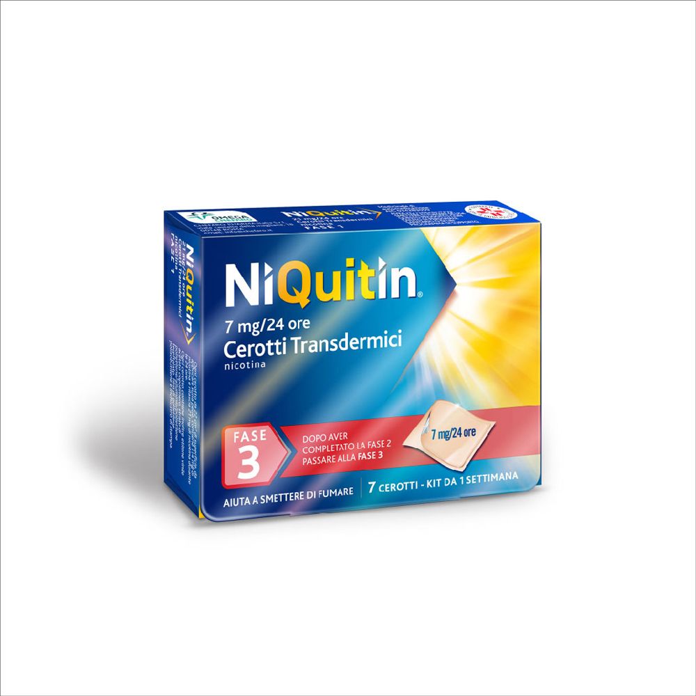 Scatola di cerotti NiQuitin. Confezione blu con nome e dosaggio del prodotto. Contiene 7 cerotti.