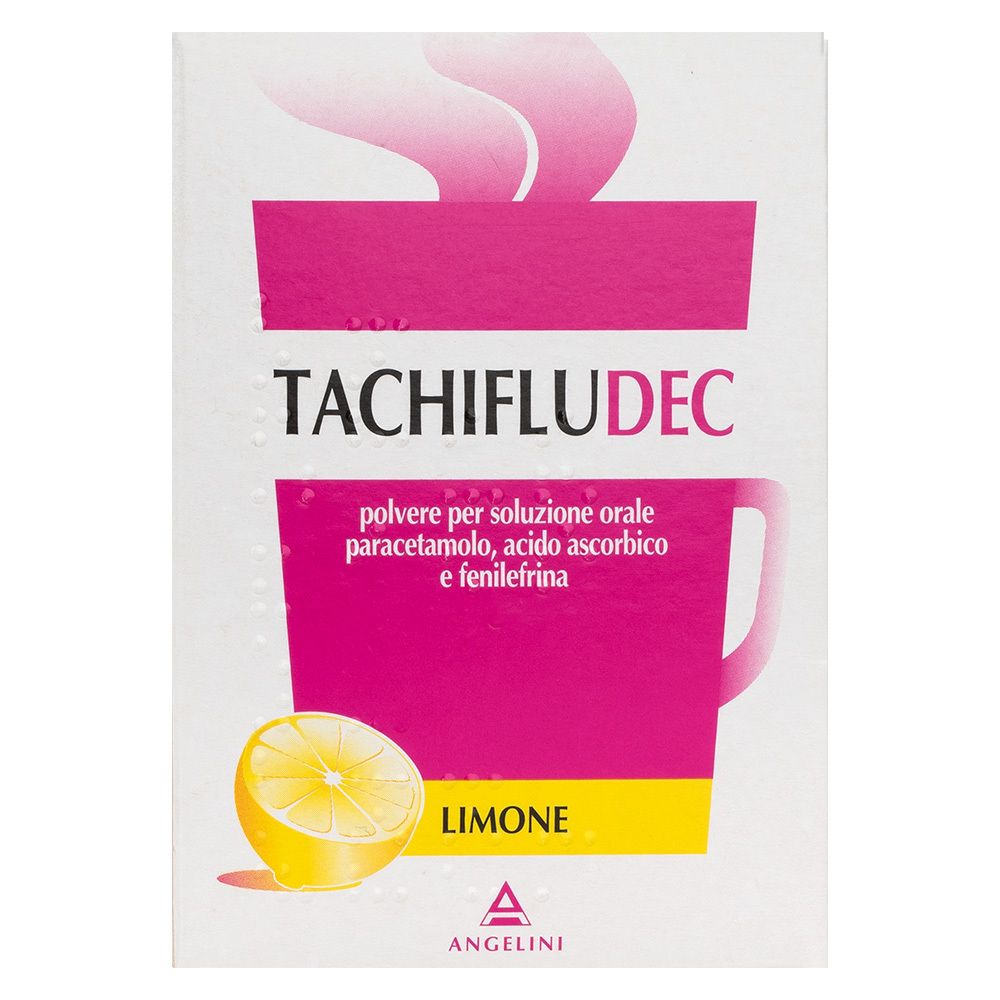 Confezione di TACHIFLUDEC Gusto Limone. Scatola rosa e bianca con nome del prodotto e illustrazione di limone.